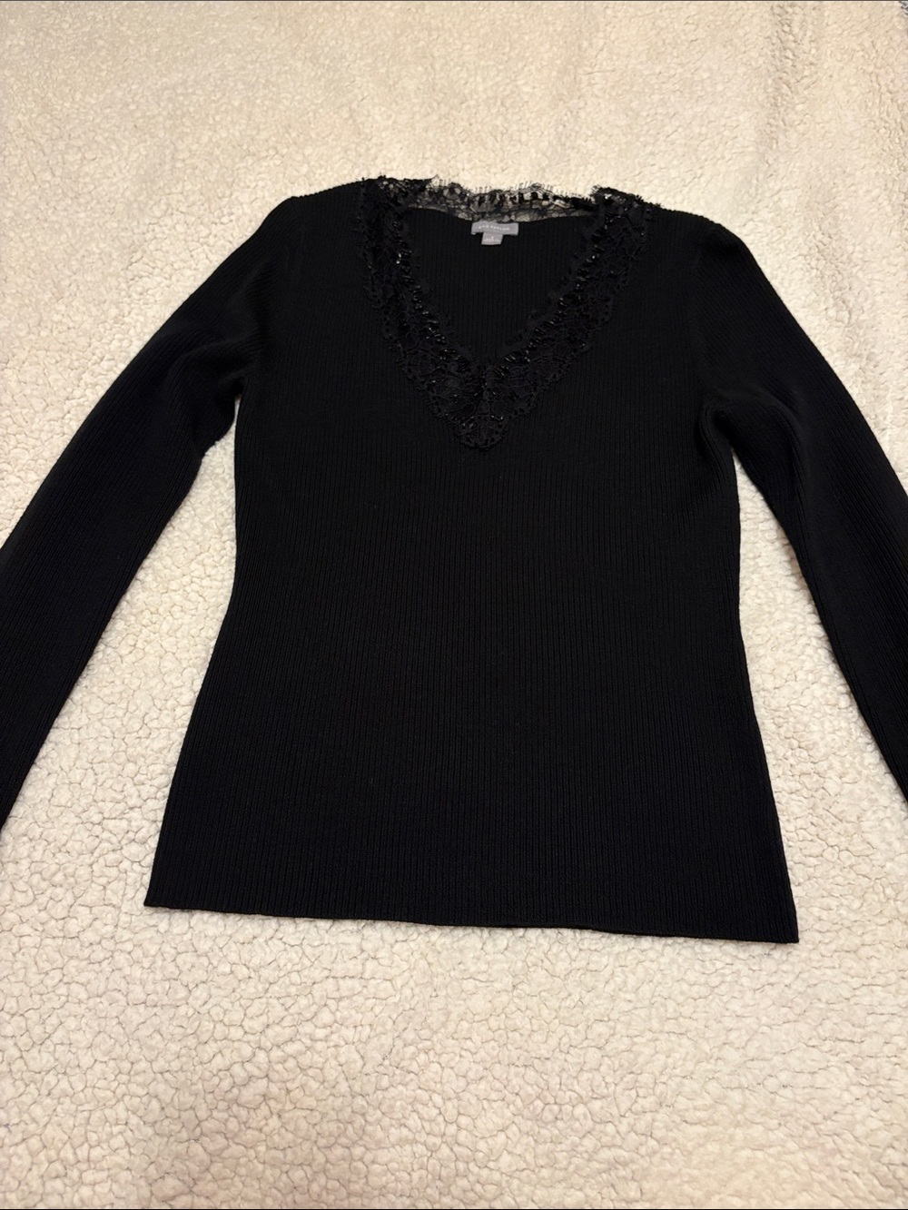 Ann Taylor Black V-Neck Sweater with Beaded Lace Trim
